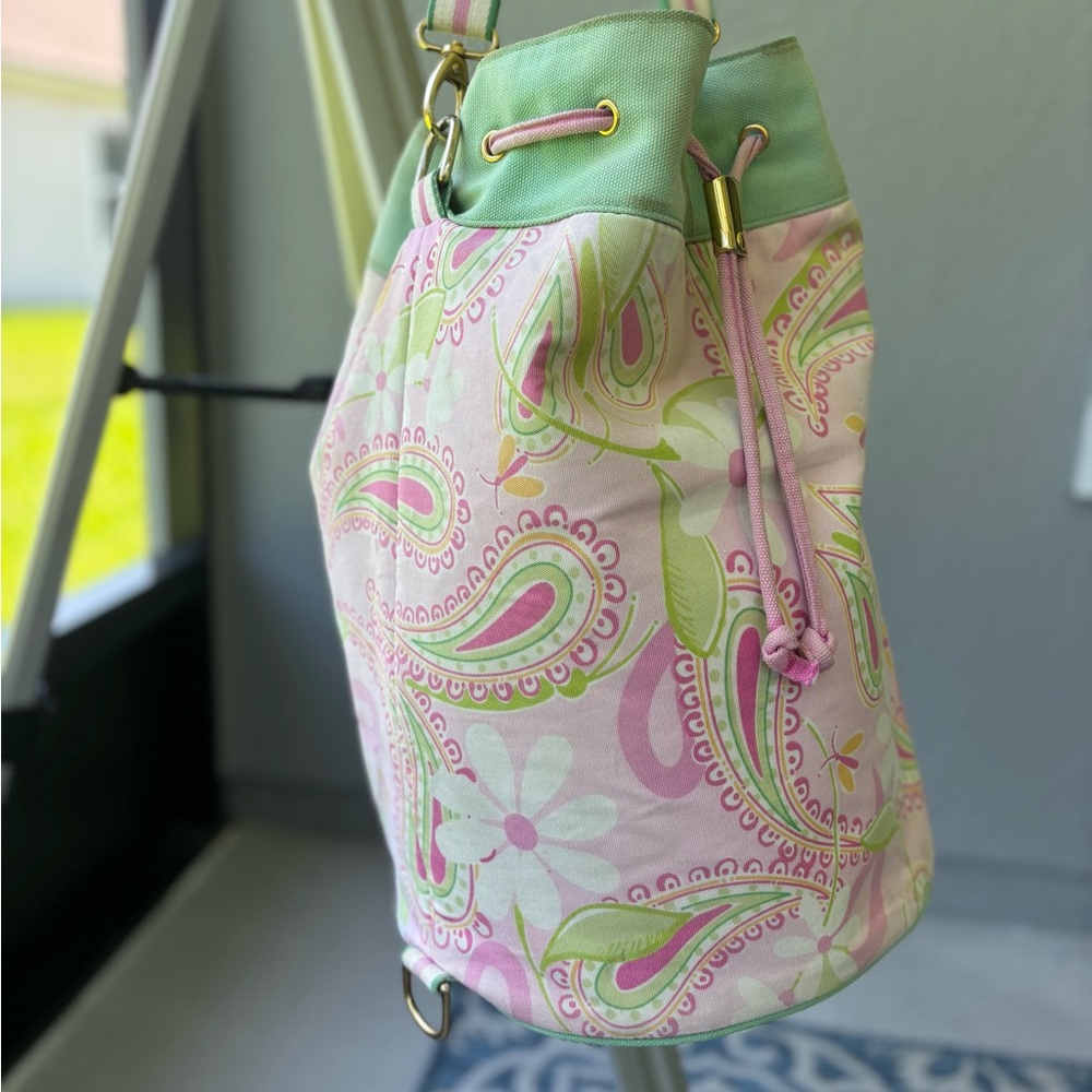 Lilly Pulitzer Vintage Pink and Green Paisley drawstring canvas beach/travel bag